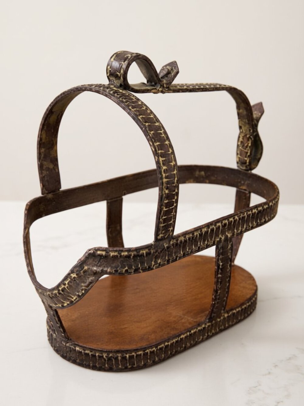 VTG Hammered Metal & Wood Wine Bottle Caddy Carrier Rustic French Country